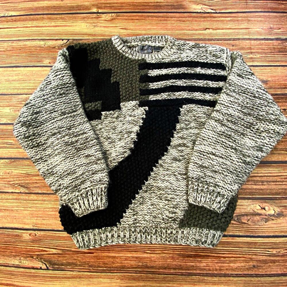 Index Mens Fuzy Knit Crewneck Pullover Sweater Gray Black Geometric Sz S